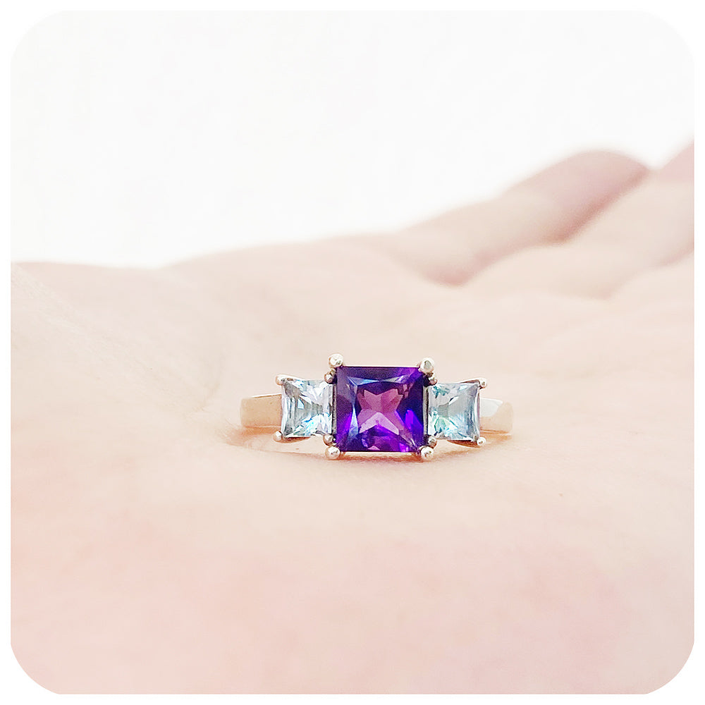 Princess cut Amethyst and Sky Blue Topaz Trilogy Ring in Sterling Silver