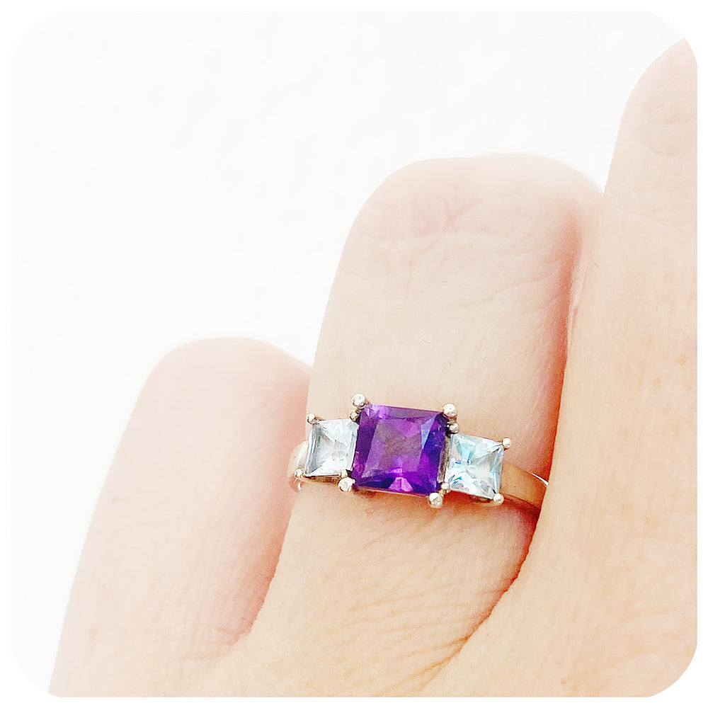 Princess cut Amethyst and Sky Blue Topaz Trilogy Ring in Sterling Silver