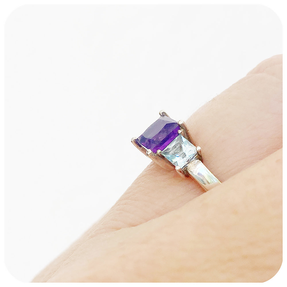 Princess cut Amethyst and Sky Blue Topaz Trilogy Ring in Sterling Silver