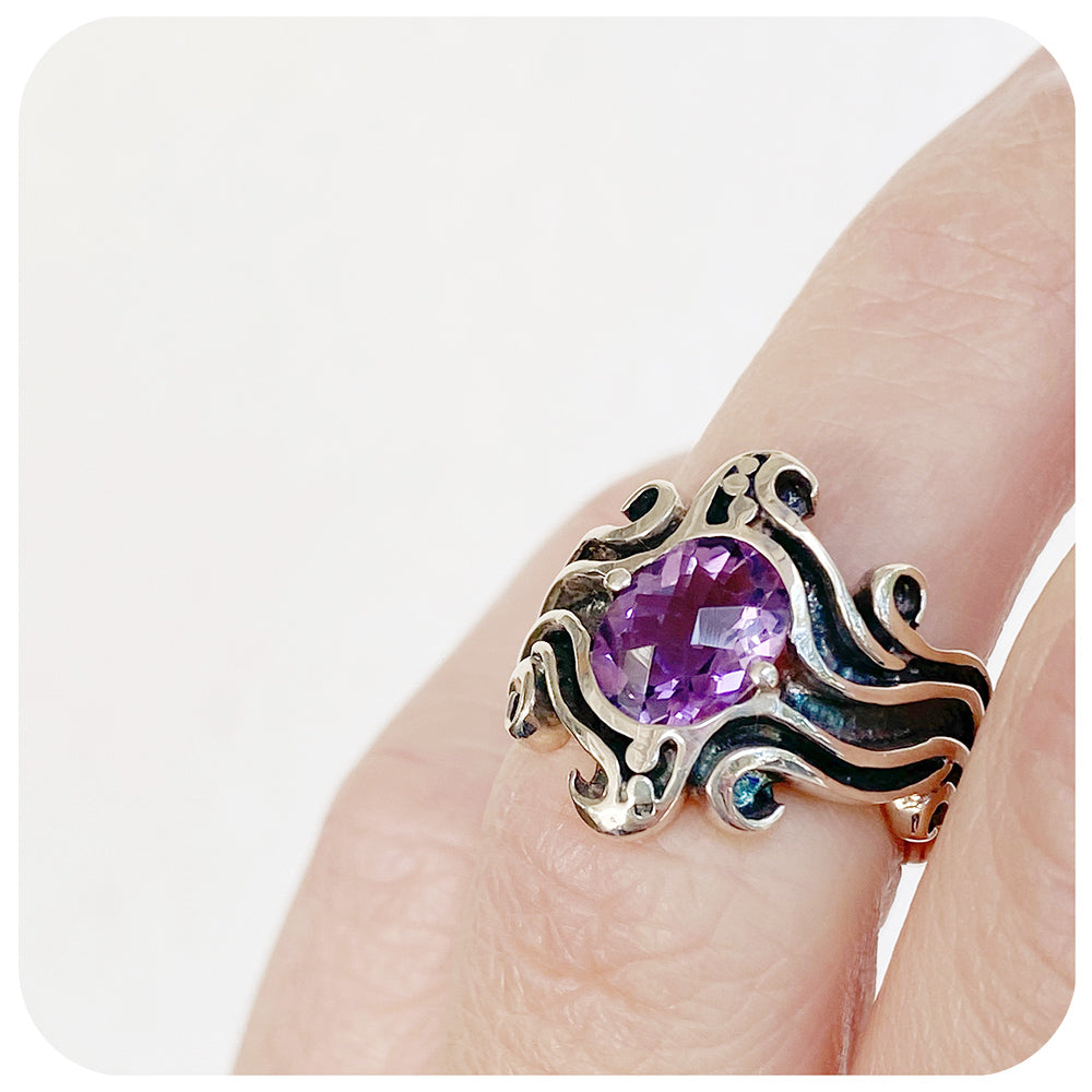 Amethyst Wave Ring in Sterling Silver