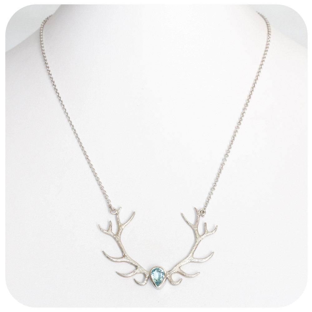 Handmade Antler Necklace in Sterling Silver with a 9x7mm Aquamarine