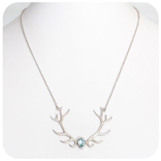 Handmade Antler Necklace in Sterling Silver with a 9x7mm Aquamarine