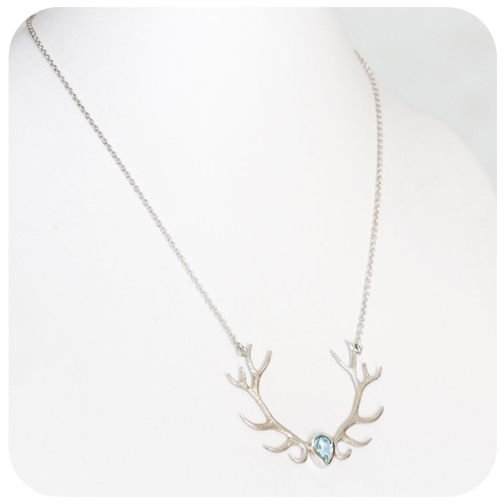 Handmade Antler Necklace in Sterling Silver with a 9x7mm Aquamarine