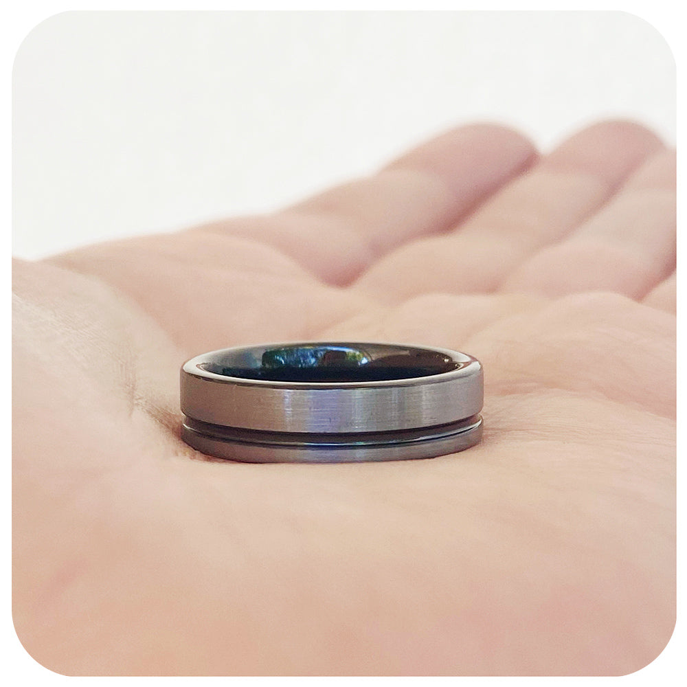 Brushed silver and black Tungsten Mens Wedding Ring - Victoria's Jewellery
