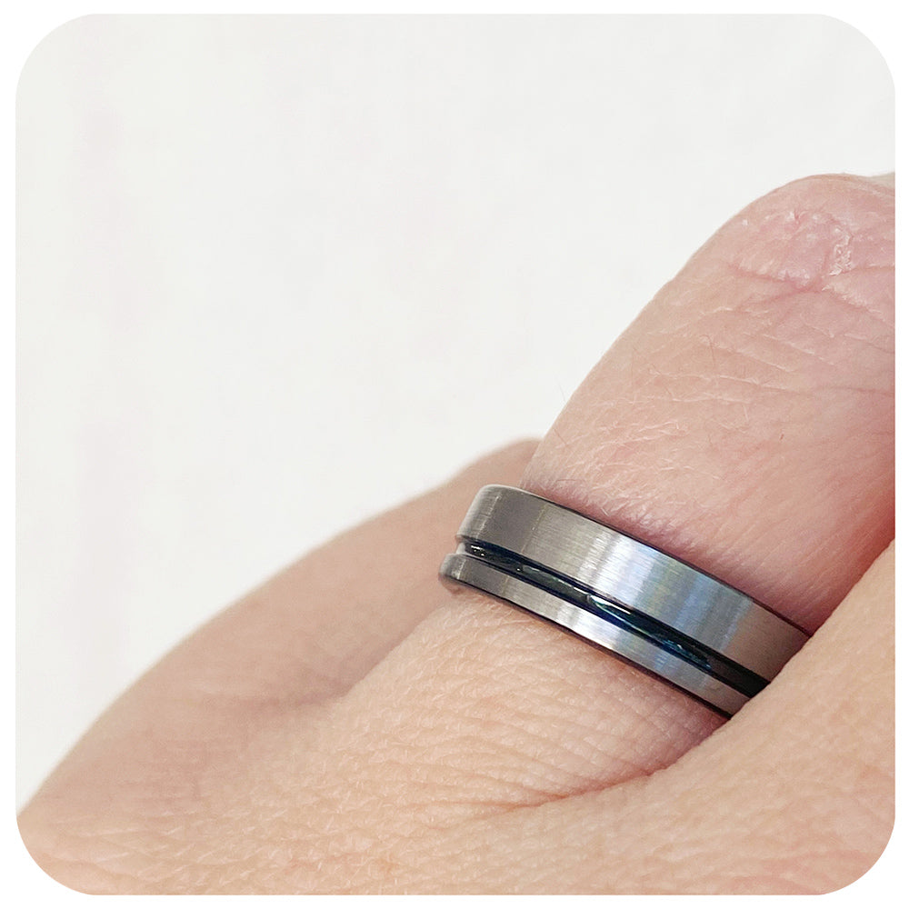 Brushed silver and black Tungsten Mens Wedding Ring - Victoria's Jewellery