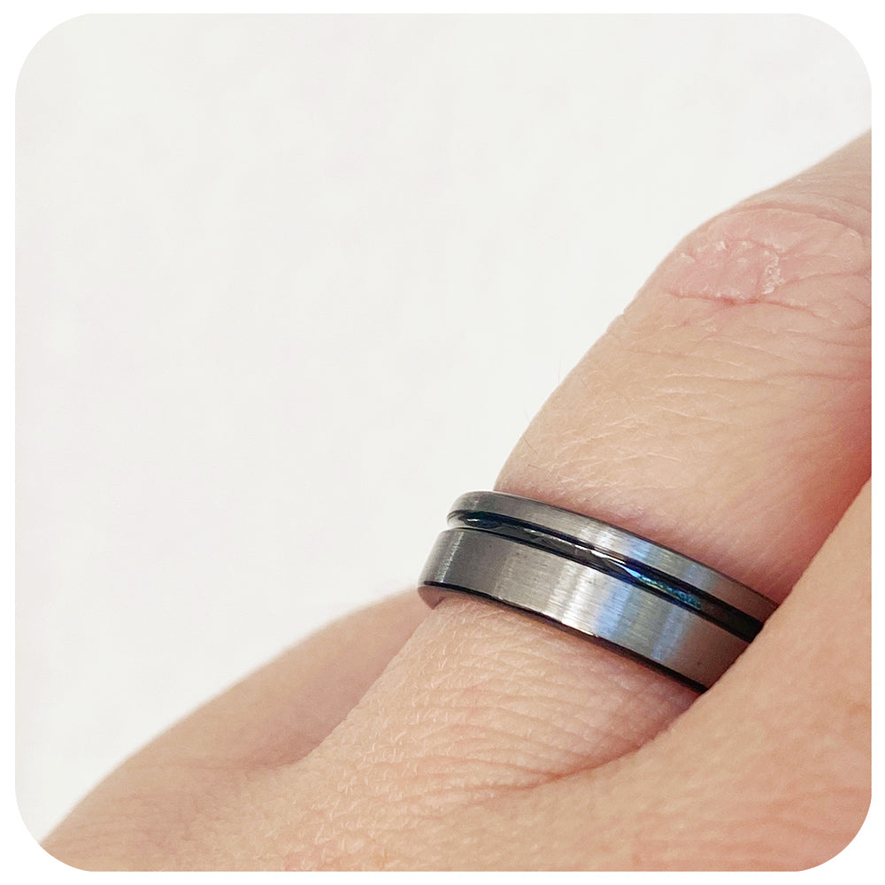 Brushed silver and black Tungsten Mens Wedding Ring - Victoria's Jewellery