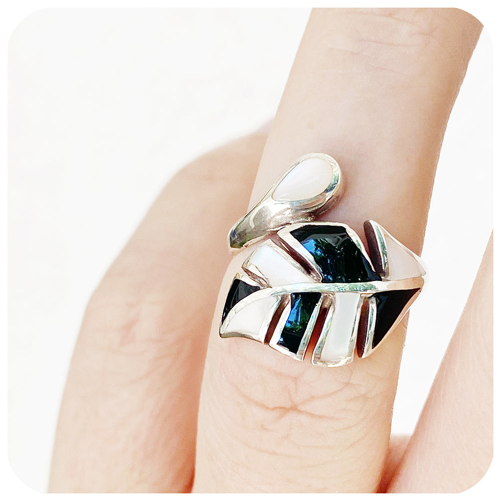 Black and White Mother of Pearl Leaf Ring in Sterling Silver