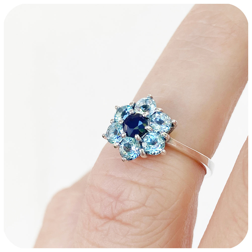 Sky Blue Topaz and Sapphire Flower Ring in Sterling Silver