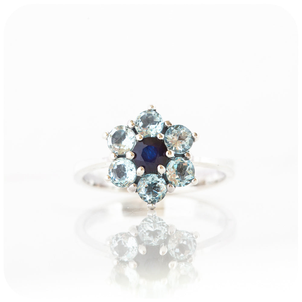 Sky Blue Topaz and Sapphire Flower Ring in Sterling Silver