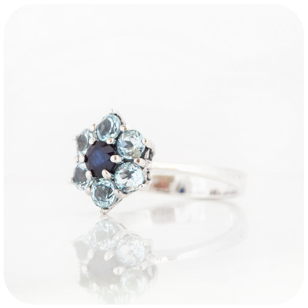 Sky Blue Topaz and Sapphire Flower Ring in Sterling Silver