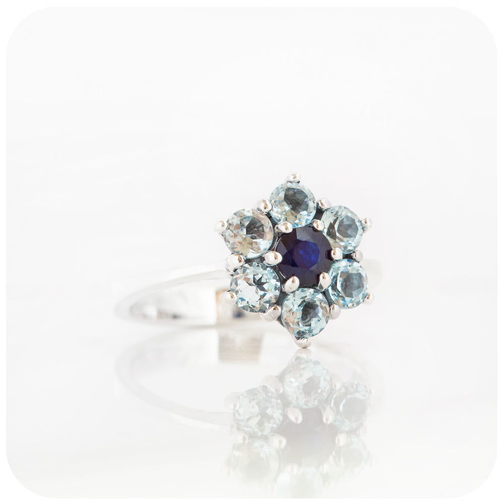 Sky Blue Topaz and Sapphire Flower Ring in Sterling Silver