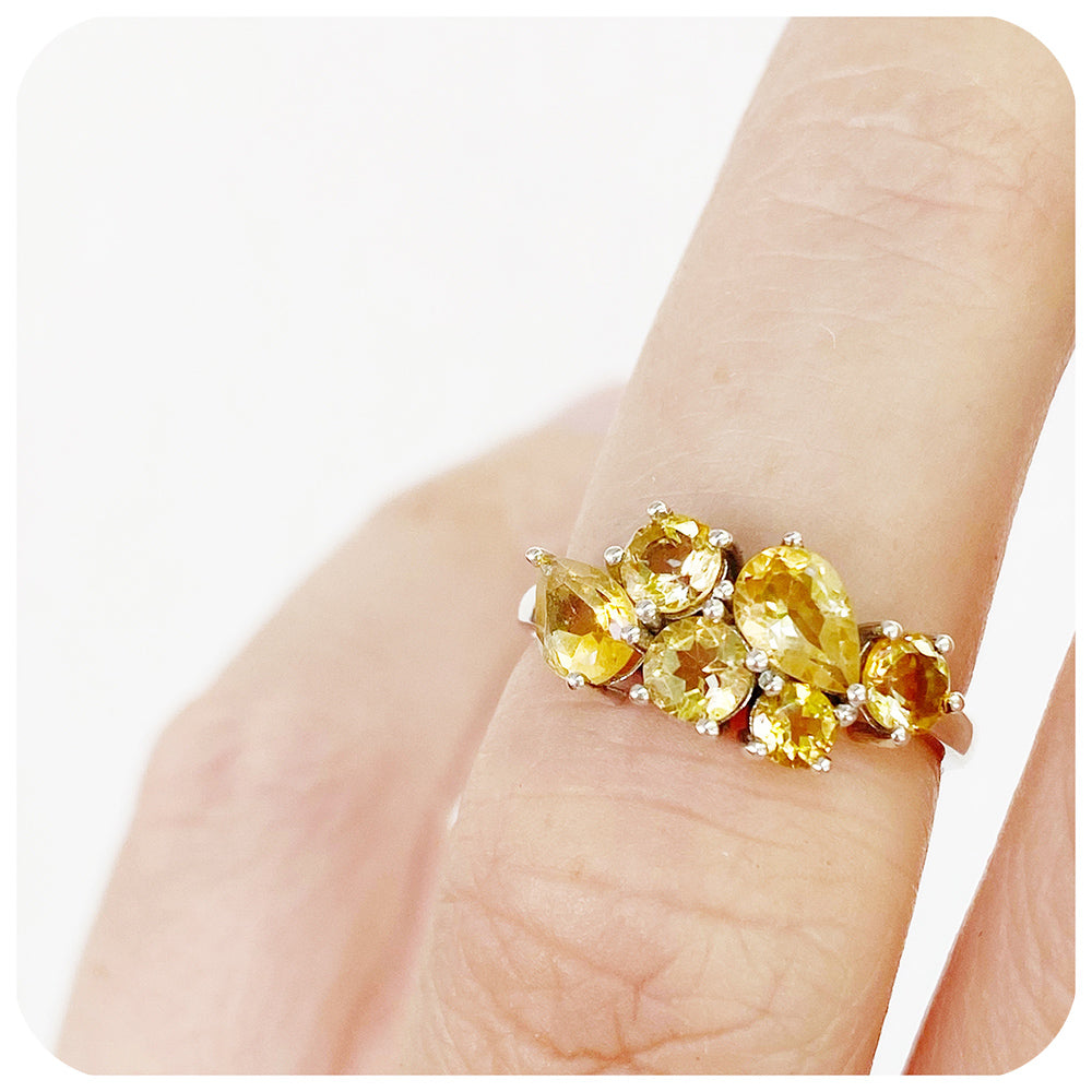 Round and Pear cut Yellow Citrine Cluster Anniversary Ring - Victoria's Jewellery
