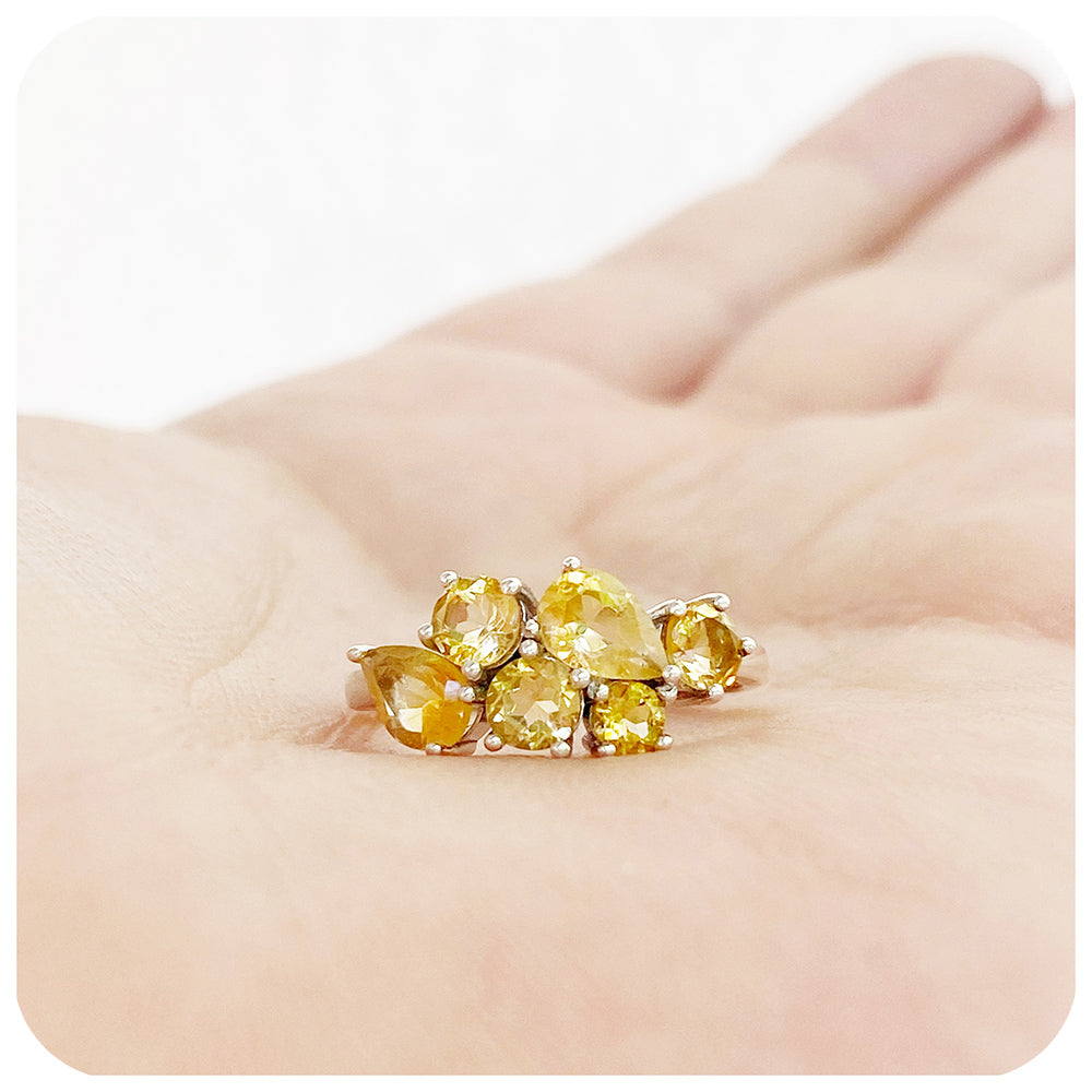 Round and Pear cut Yellow Citrine Cluster Anniversary Ring - Victoria's Jewellery