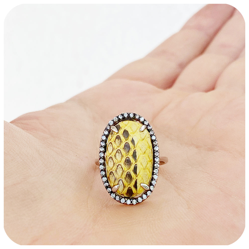Yellow Leather Ring with Blackened Silver and Cubic Zirconia
