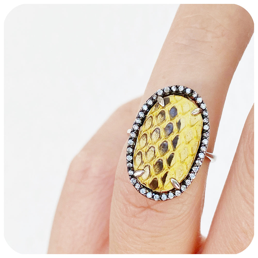 Yellow Leather Ring with Blackened Silver and Cubic Zirconia