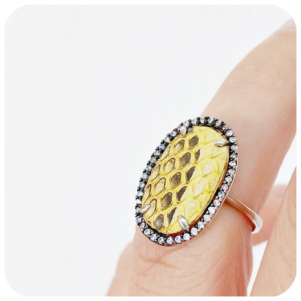 Yellow Leather Ring with Blackened Silver and Cubic Zirconia