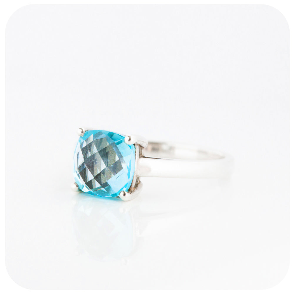 Cushion cut Sky Blue Topaz Solitaire Ring in Sterling Silver