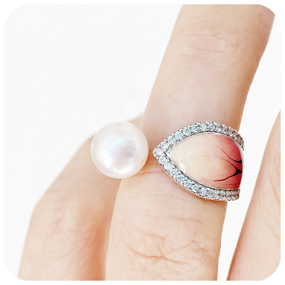 Pearl and Red-Orange Enamel Leaf Ring