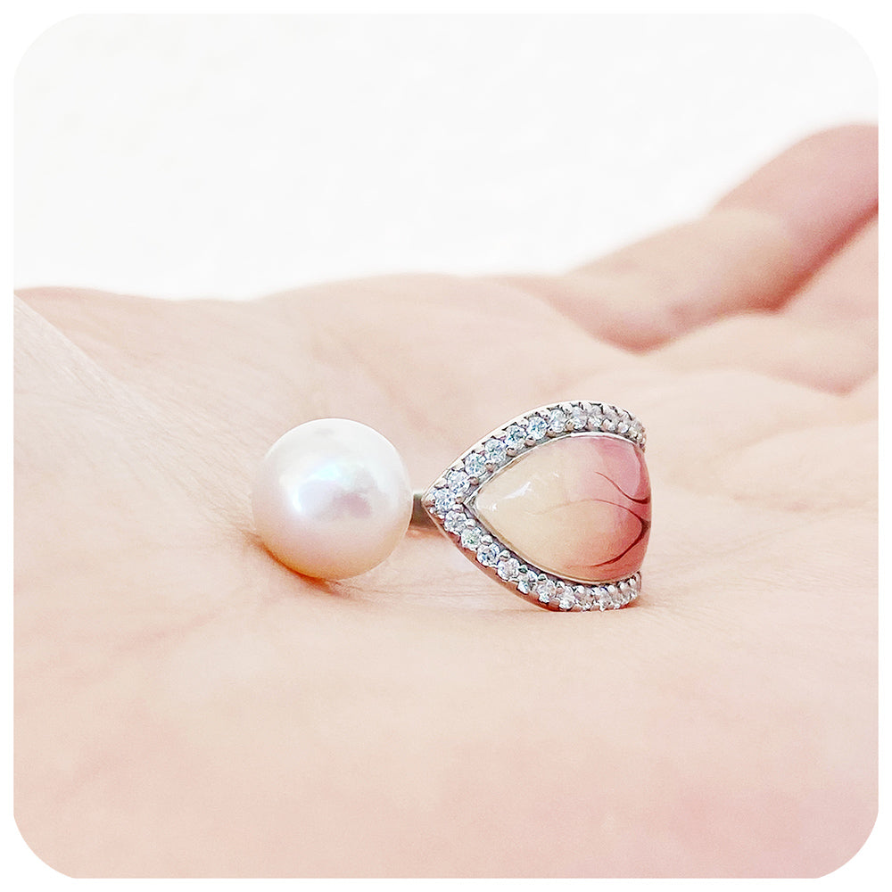 Pearl and Red-Orange Enamel Leaf Ring