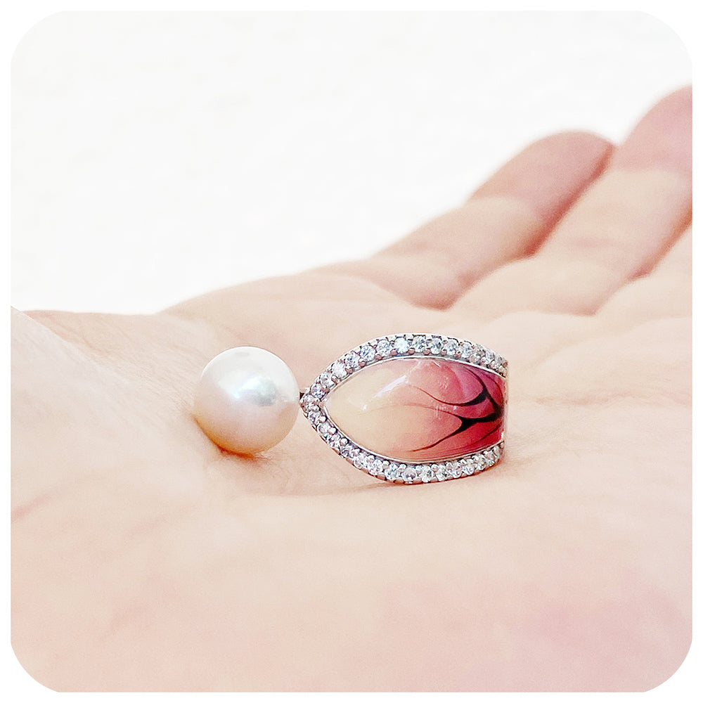 Pearl and Red-Orange Enamel Leaf Ring
