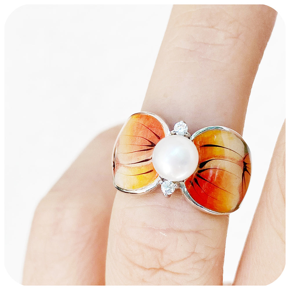 Fresh Water Pearl with Orange Enamel Ring in Sterling Silver
