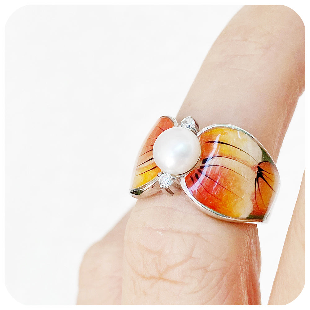 Fresh Water Pearl with Orange Enamel Ring in Sterling Silver