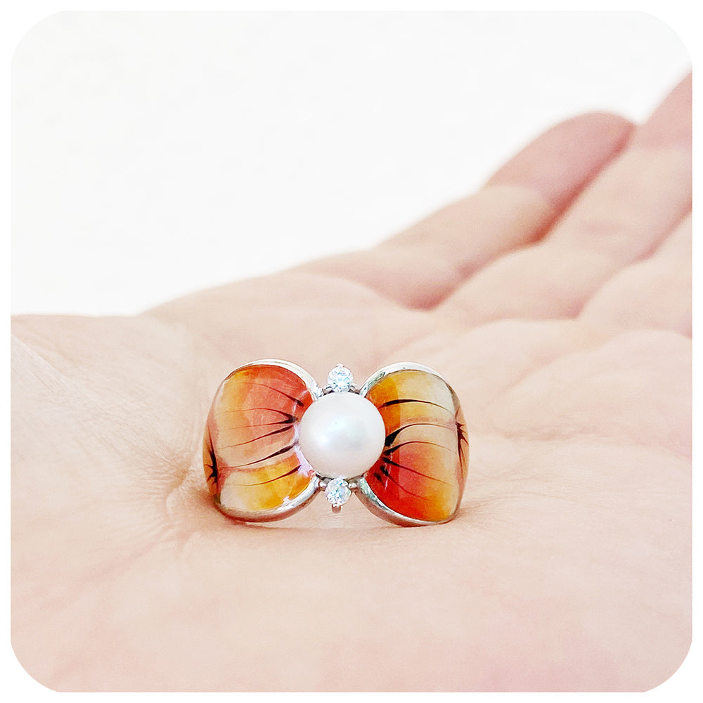Fresh Water Pearl with Orange Enamel Ring in Sterling Silver