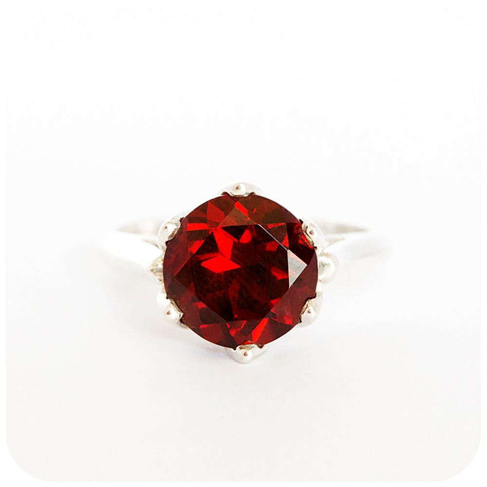 Round cut Garnet, Six Claw Solitaire Ring in Sterling Silver