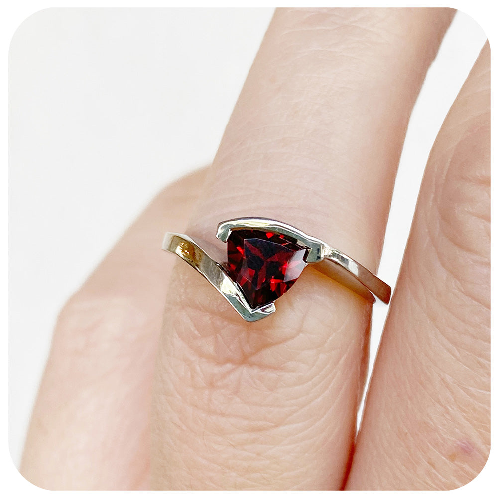 Trillion cut Garnet Ring in Sterling Silver