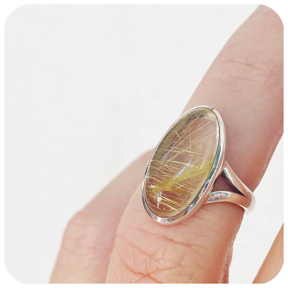 Oval cut Gold Rutile Quartz Split Band Ring
