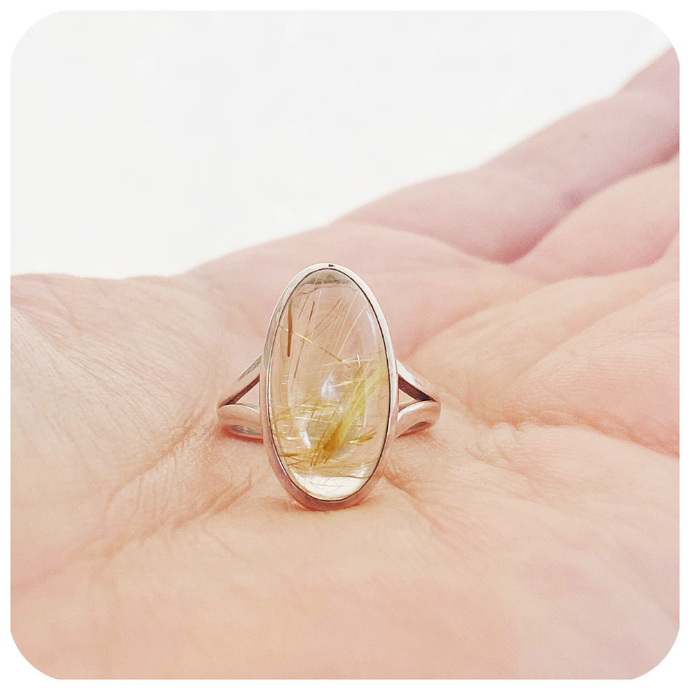Oval cut Gold Rutile Quartz Split Band Ring