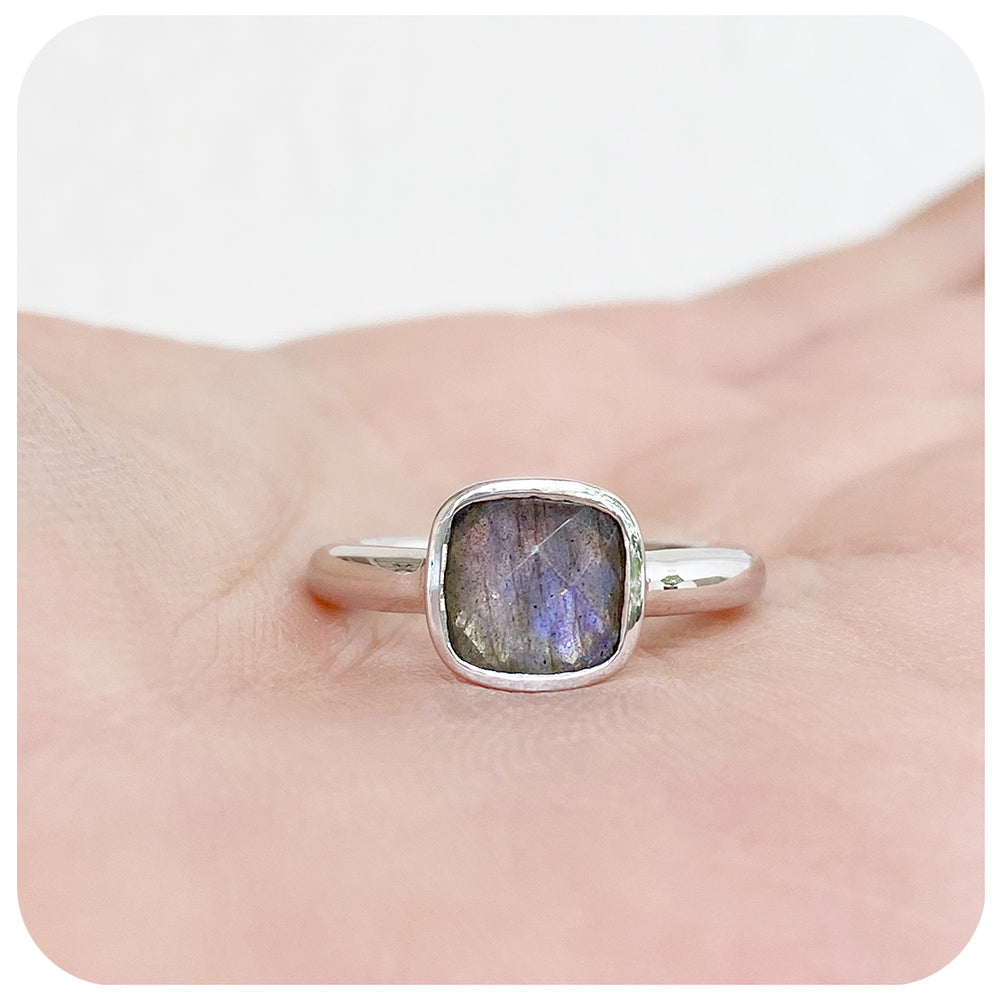 cushion cut labradorite ring in silver
