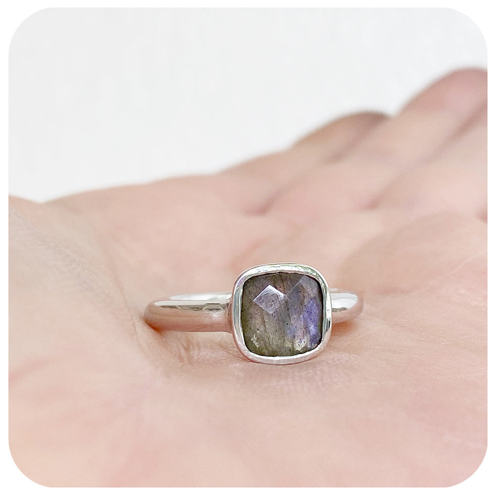 Cushion cut Labradorite ring in Sterling Silver