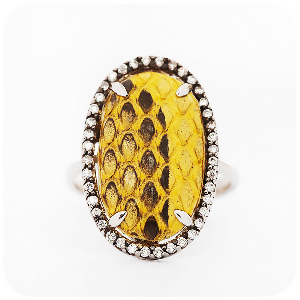 Yellow Leather Ring with Blackened Silver and Cubic Zirconia