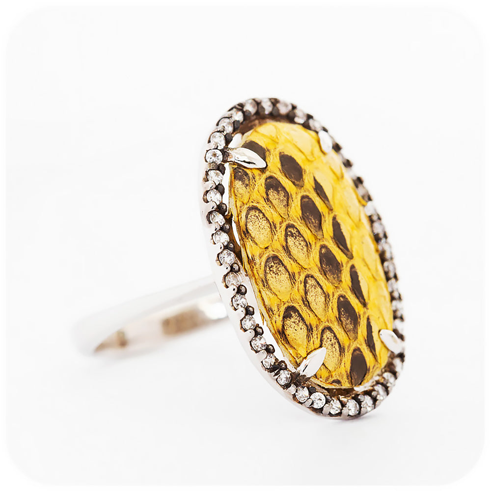 Yellow Leather Ring with Blackened Silver and Cubic Zirconia