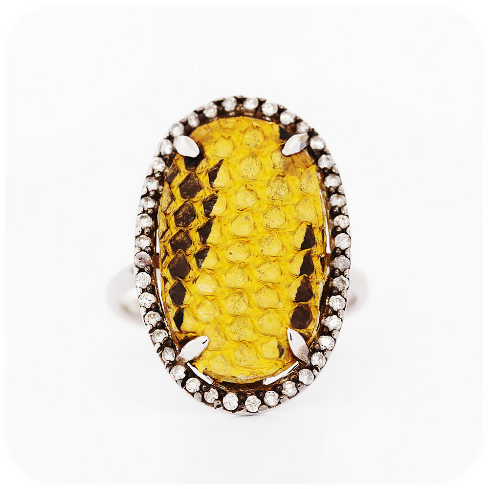 Yellow Leather Ring with Blackened Silver and Cubic Zirconia