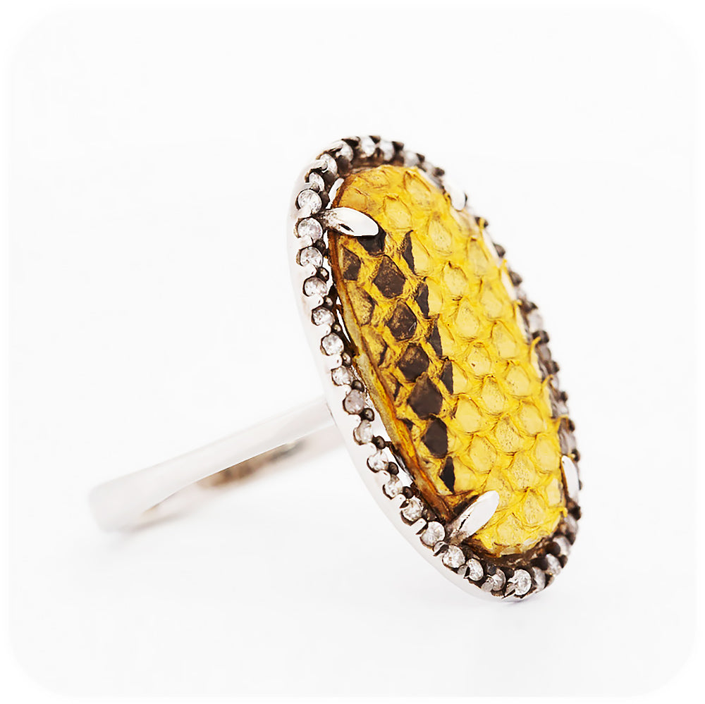 Yellow Leather Ring with Blackened Silver and Cubic Zirconia