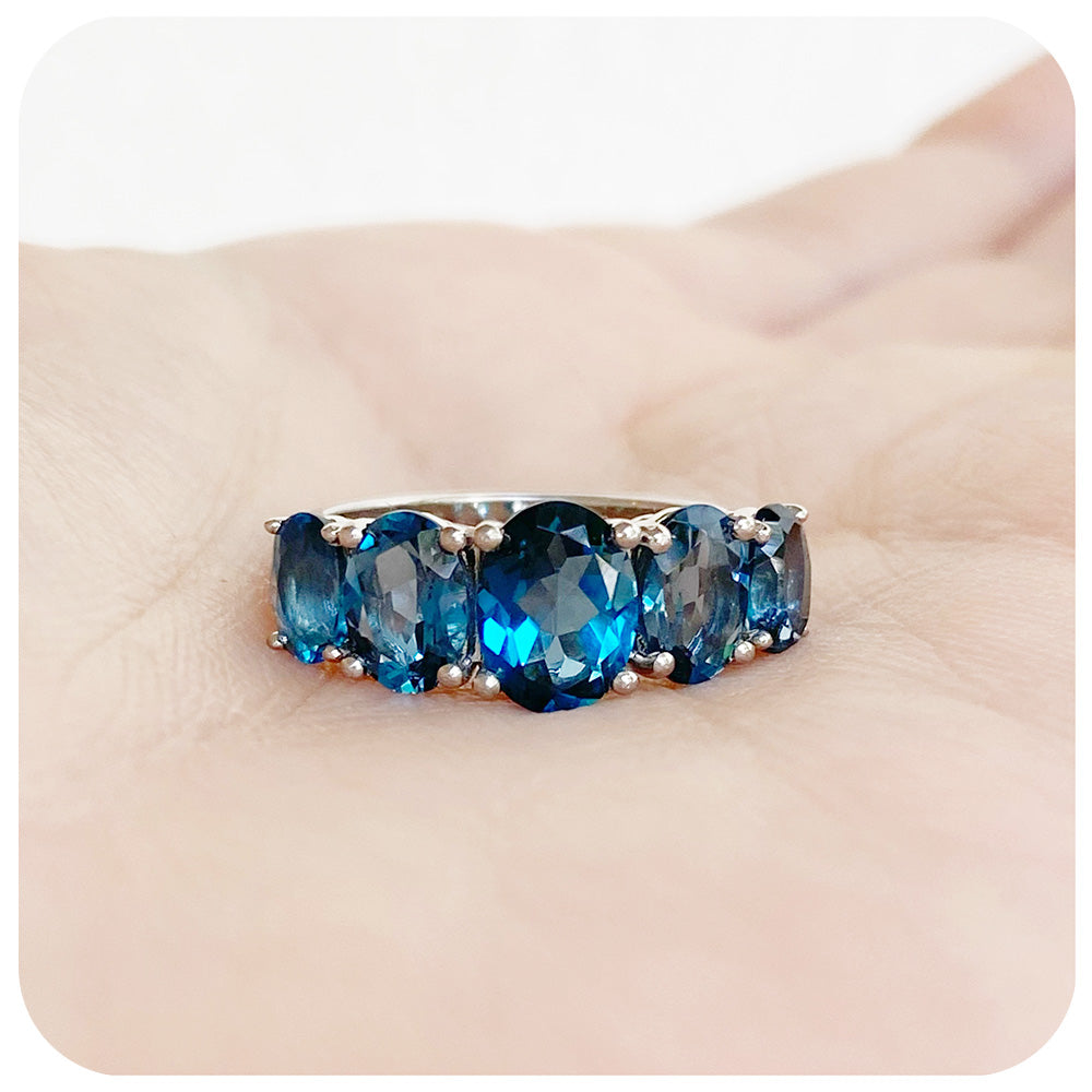 Oval cut Graduated Teal London Blue Topaz Half Eternity Anniversary or November Birthstone Ring - Victoria's Jewellery