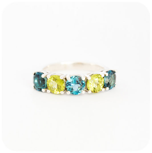 London Blue Topaz and Peridot Half Eternity Ring in Sterling Silver - 5.5mm