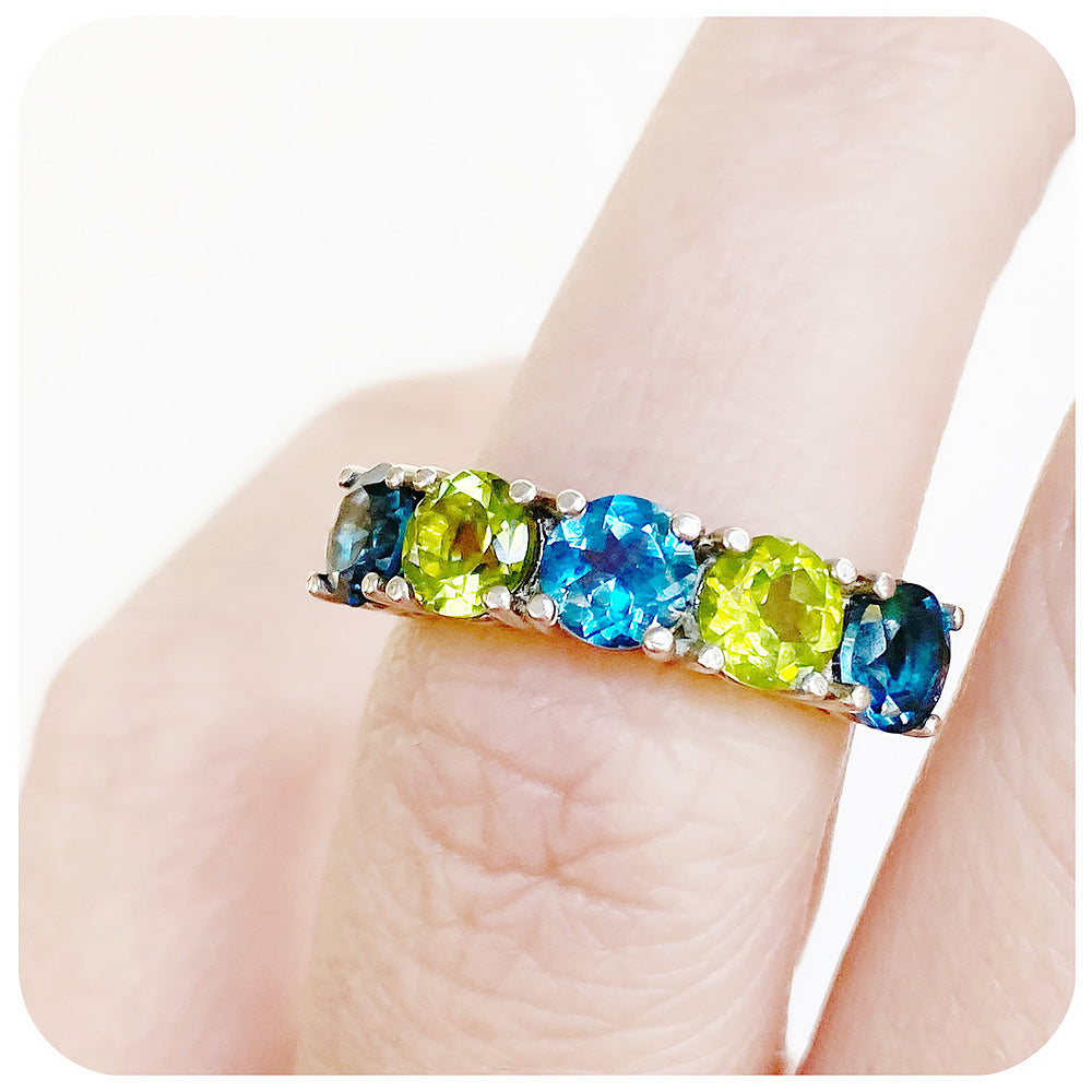London Blue Topaz and Peridot Half Eternity Ring in Sterling Silver - 5.5mm