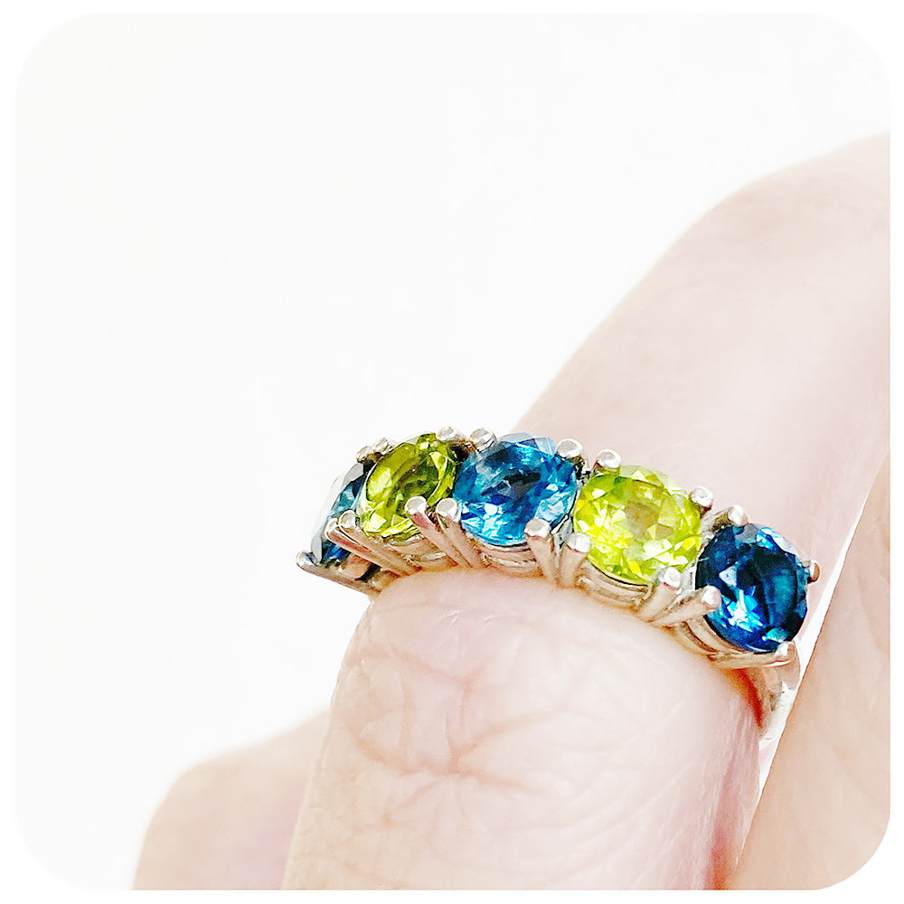 London Blue Topaz and Peridot Half Eternity Ring in Sterling Silver - 5.5mm