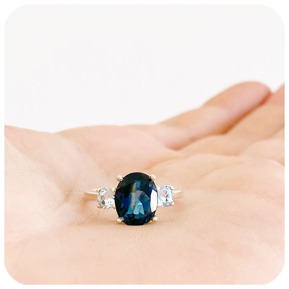 Oval cut London Blue Topaz and Sky Blue Topaz Trilogy Anniversary Ring - Victoria's Jewellery