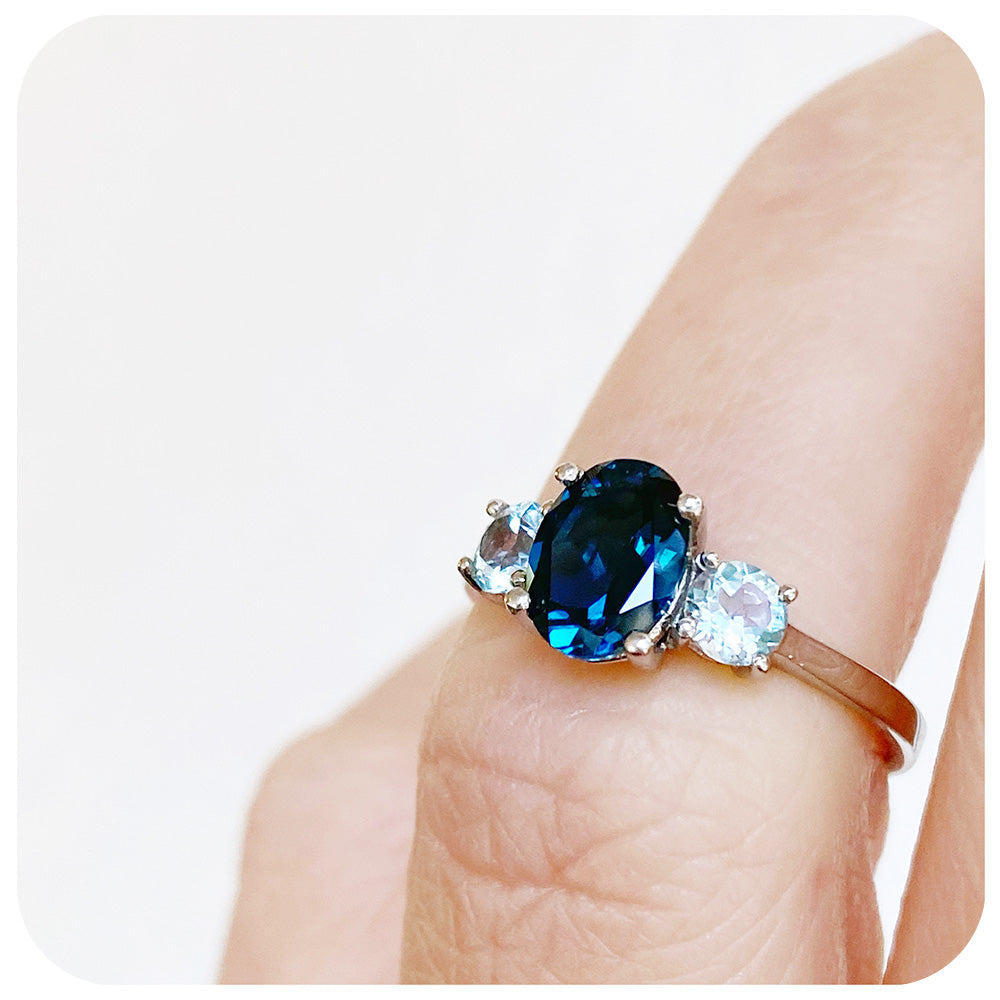 Oval cut London and Sky Blue Topaz Trilogy Engagement Ring - Victoria's Jewellery