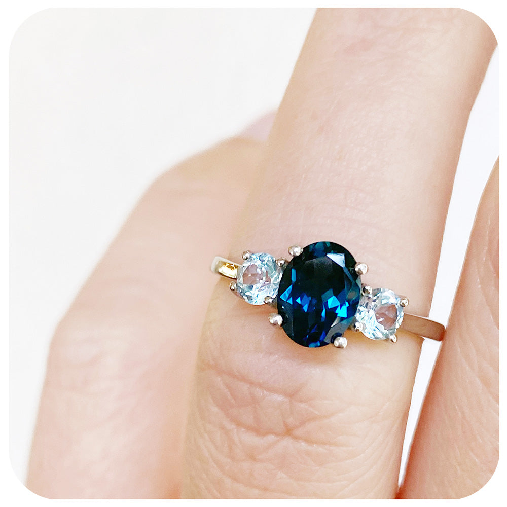 Oval cut London and Sky Blue Topaz Trilogy Engagement Ring - Victoria's Jewellery
