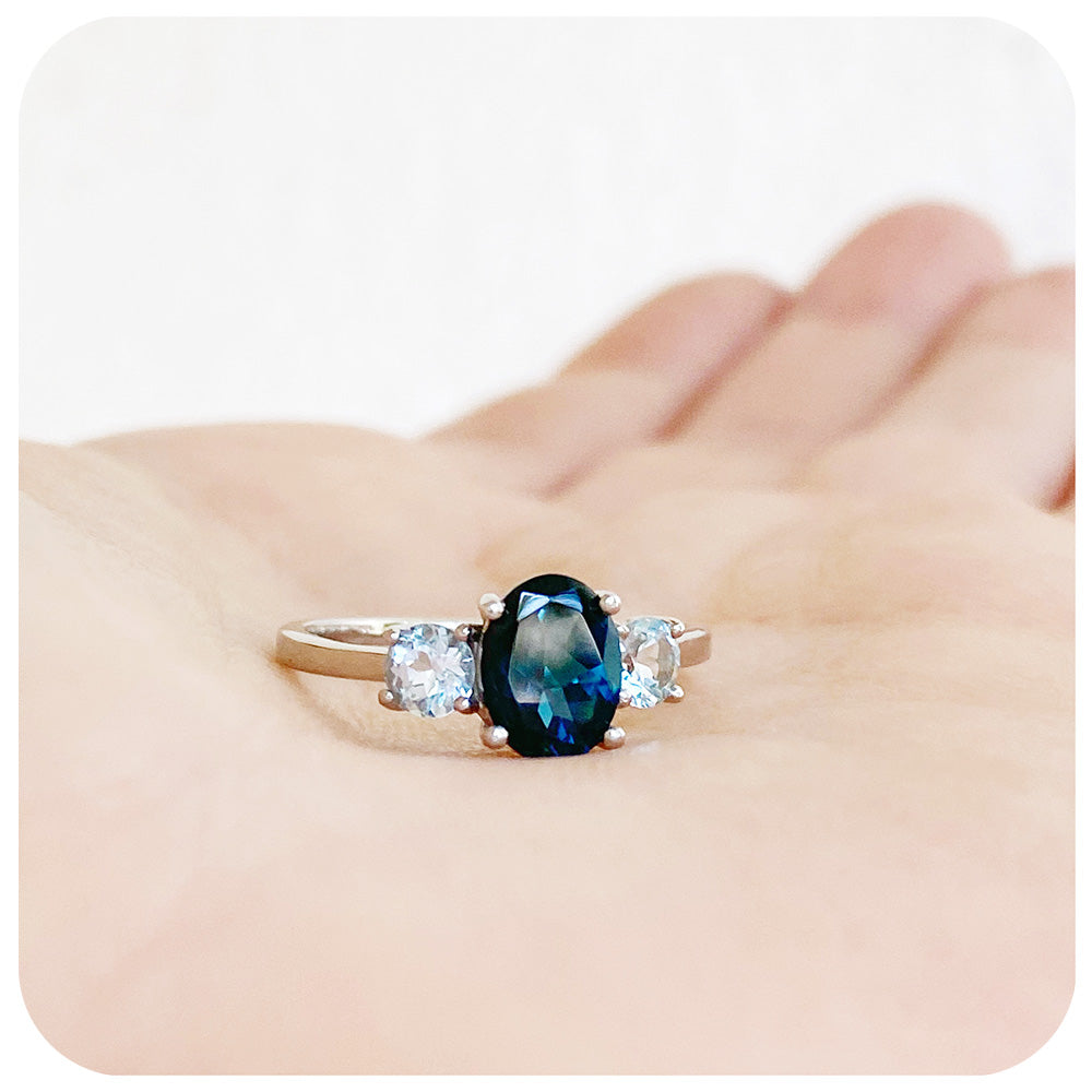 Oval cut London and Sky Blue Topaz Trilogy Engagement Ring - Victoria's Jewellery