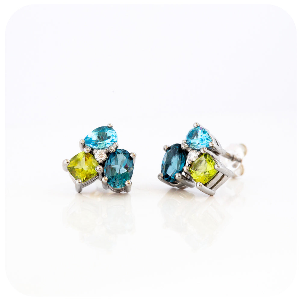 The Blue and Green Cluster Earrings in Sterling Silver