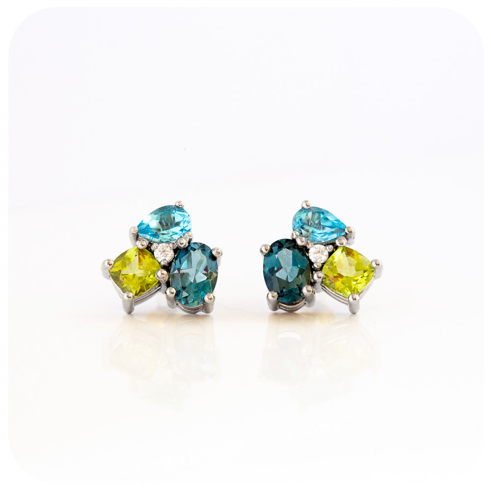 The Blue and Green Cluster Earrings in Sterling Silver