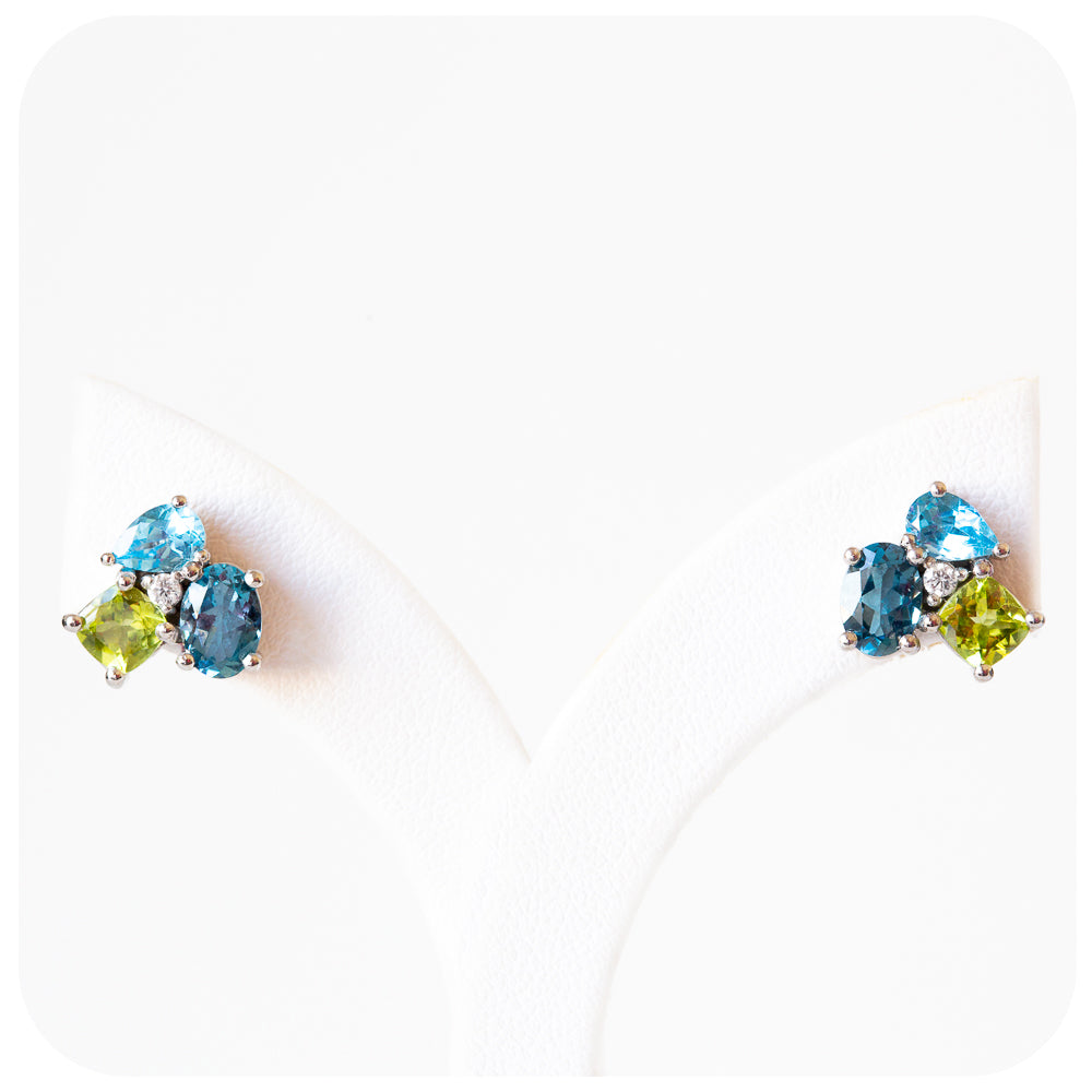 The Blue and Green Cluster Earrings in Sterling Silver