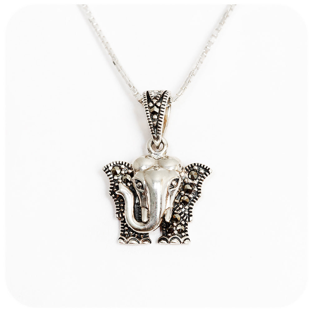 Sterling Silver Elephant Pendant and Chain with Marcasite Detail - Victoria's Jewellery
