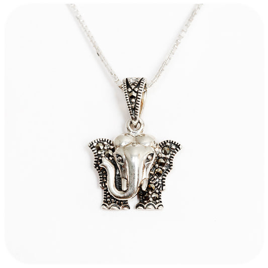 Sterling Silver Elephant Pendant and Chain with Marcasite Detail - Victoria's Jewellery